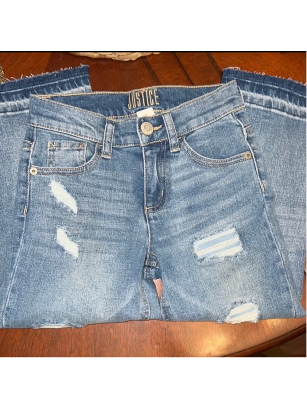 Justice Girls Size 7 High-Rise Distressed Straight Leg Jeans Frayed Hem Blue